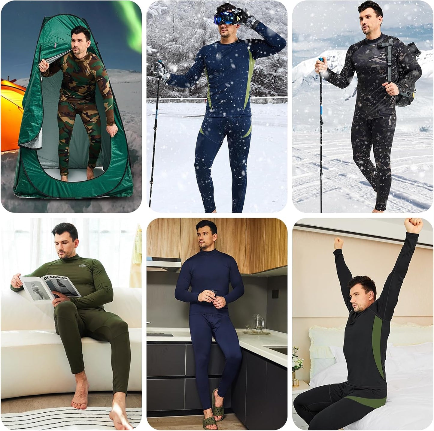 Männer Thermounterwäsche Set, langarm, Outdoor, Sport, Camouflage, Schwarz, Grün, Winterbekleidung.