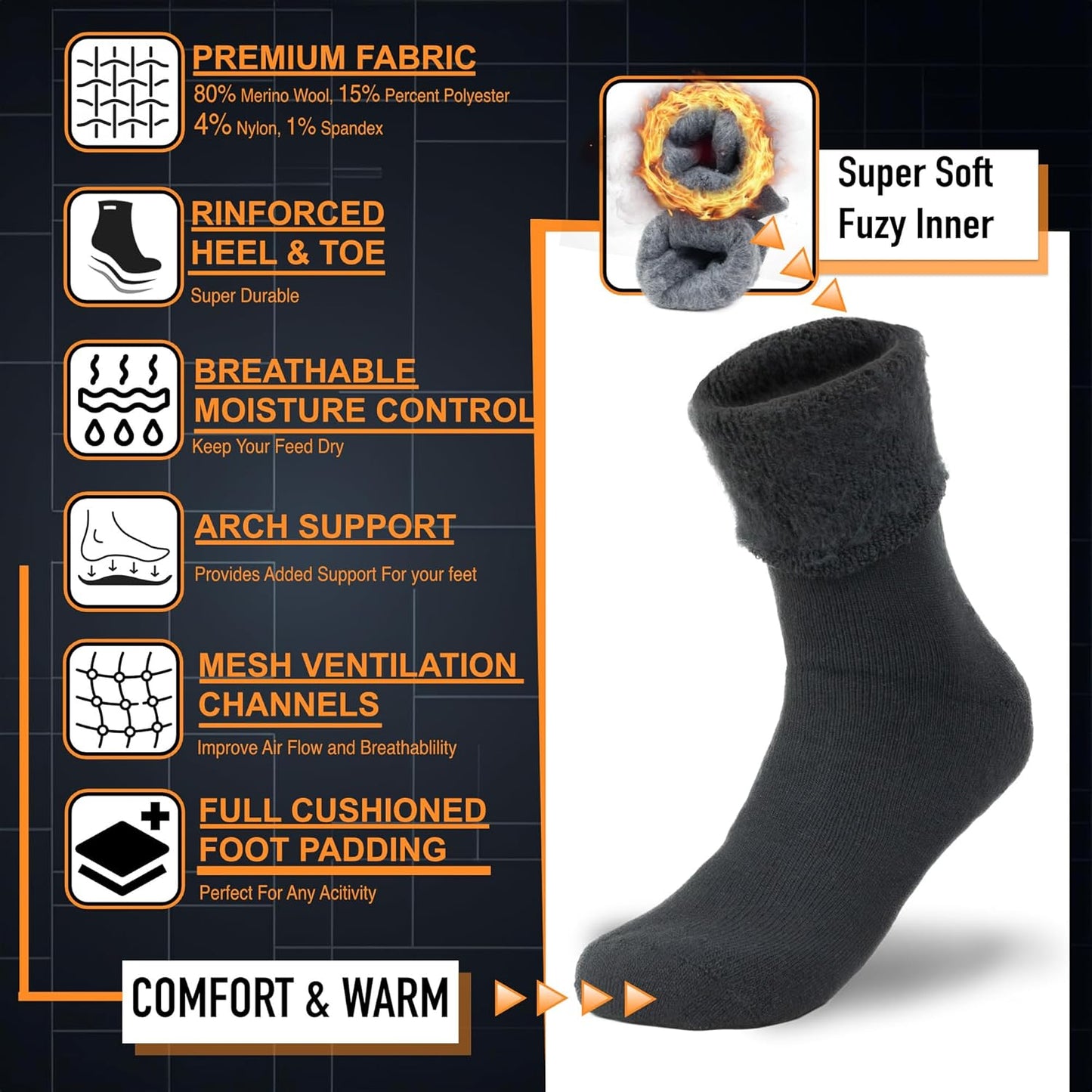 Superweiche, flauschige Socken, Premium-Wolle, verstärkte Ferse, atmungsaktiv, gepolstert.