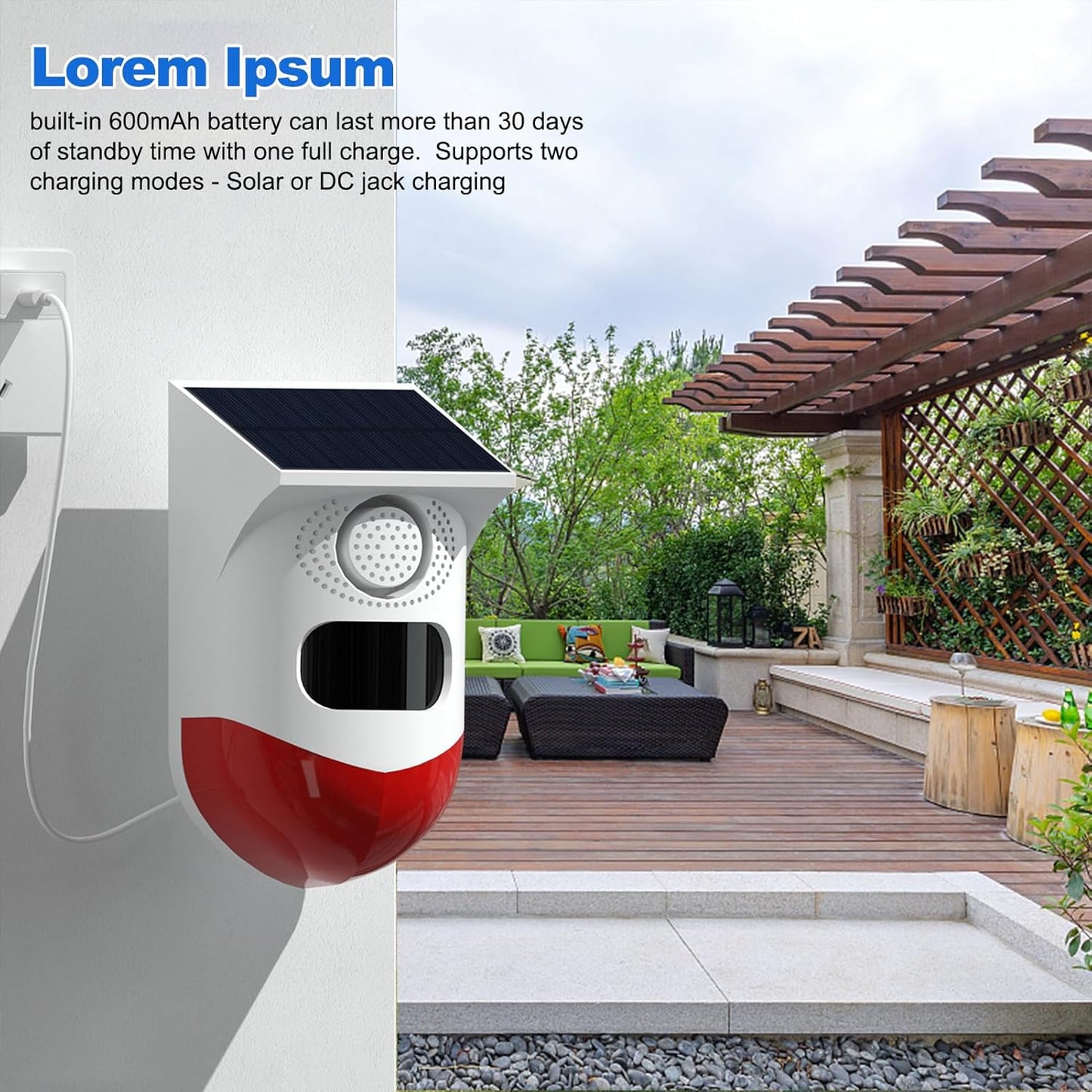 Solcellsdrivet rörelsesensorlarm med 120 dB-sirén och LED-stroboskop – Feronix