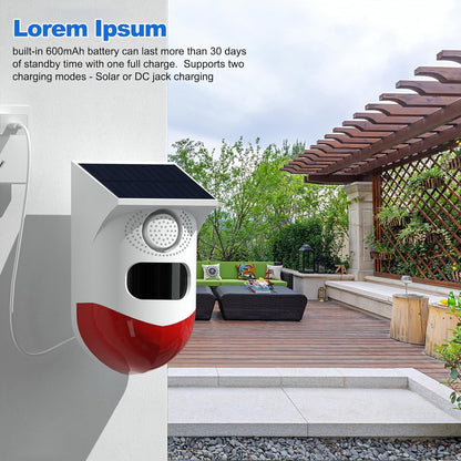 Solcellsdrivet rörelsesensorlarm med 120 dB-sirén och LED-stroboskop – Feronix