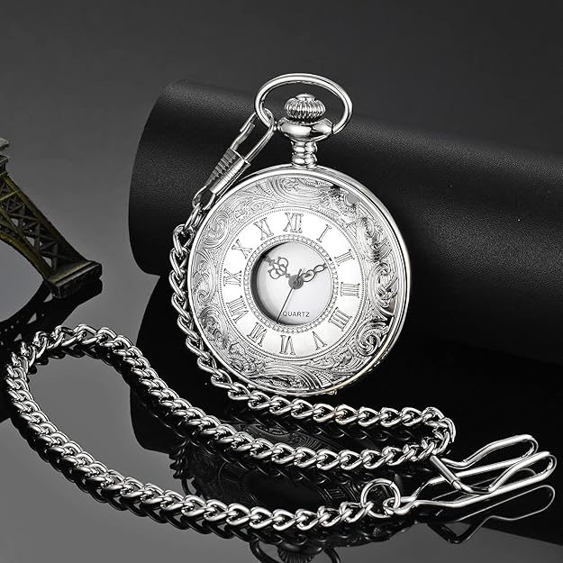 Silberne Taschenuhr mit Kette, römische Ziffern, Quarzwerk, Vintage-Design, Herrenaccessoire.