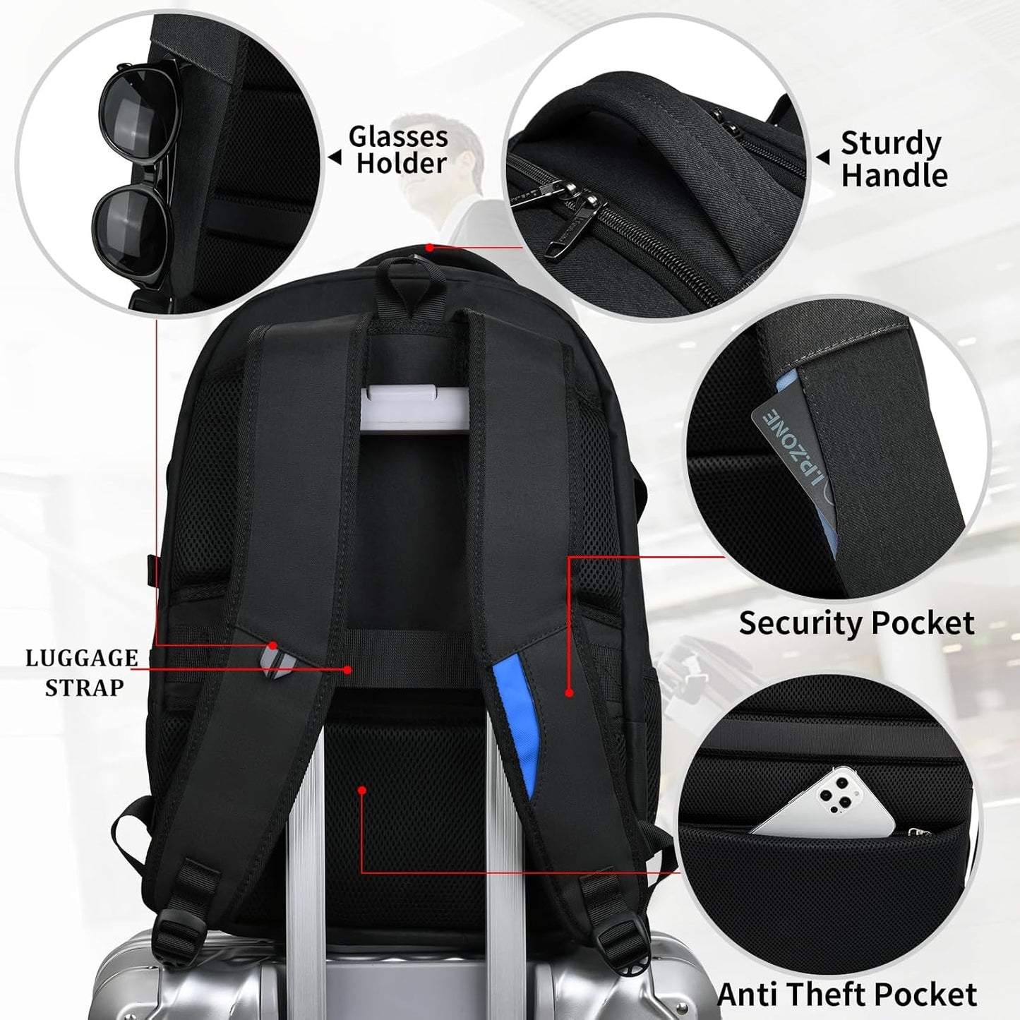 Vattentät reseryggsäck för laptop med USB-port och organiserad förvaring