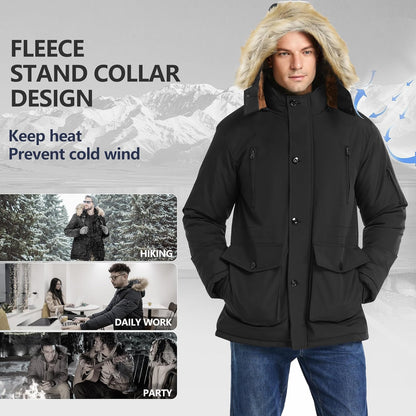 Schwarze Herren-Winterjacke mit Kapuze, Fleece-Stehkragen, winddicht, ideal für Outdoor-Aktivitäten.