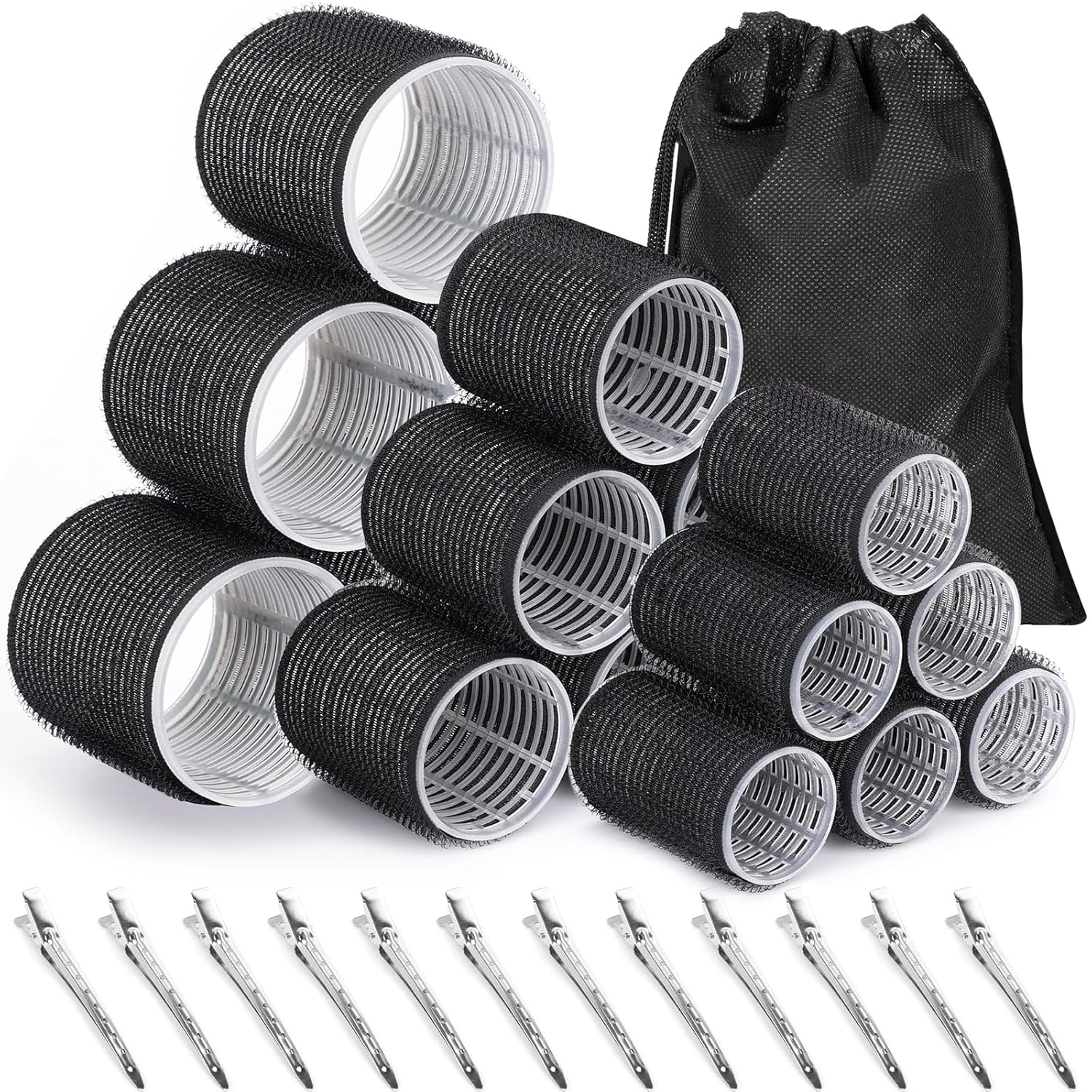 Schwarze Klettwickler Set mit Haarnadeln und Aufbewahrungstasche für voluminöse Locken.