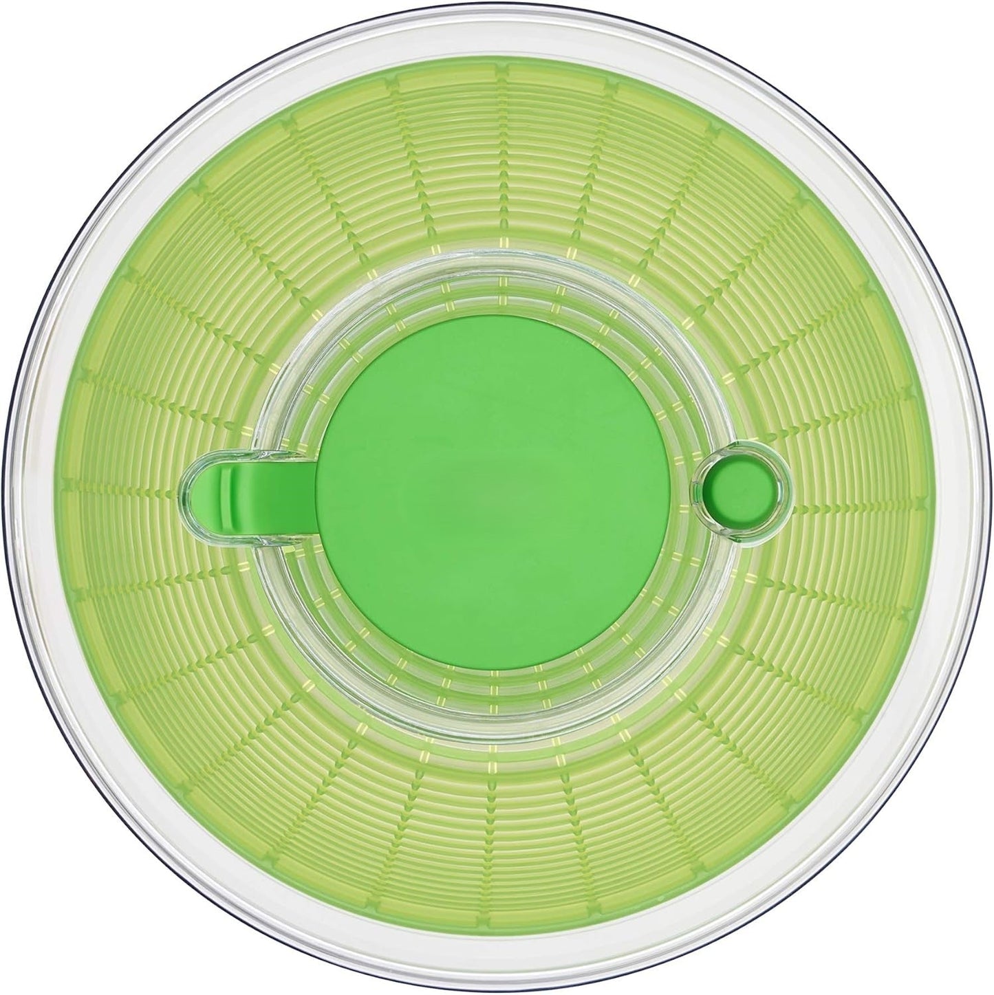Grüne Salatschleuder aus Kunststoff, runde Form, Küchenzubehör, Deckelansicht, transparent.