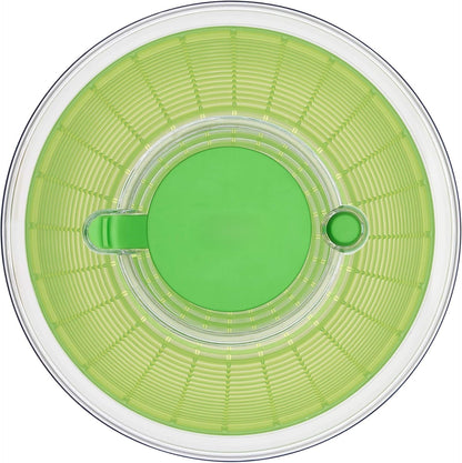 Grüne Salatschleuder aus Kunststoff, runde Form, Küchenzubehör, Deckelansicht, transparent.
