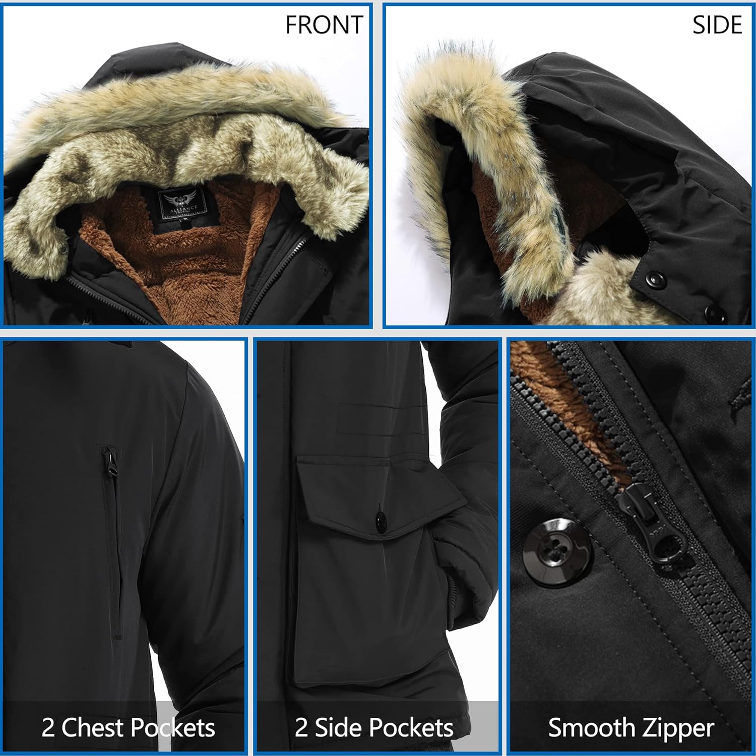 Schwarze Winterjacke mit Kunstfellkapuze, Reißverschluss, 2 Brusttaschen, 2 Seitentaschen.