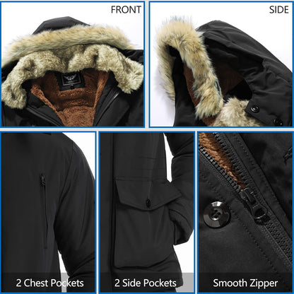 Schwarze Winterjacke mit Kunstfellkapuze, Reißverschluss, 2 Brusttaschen, 2 Seitentaschen.