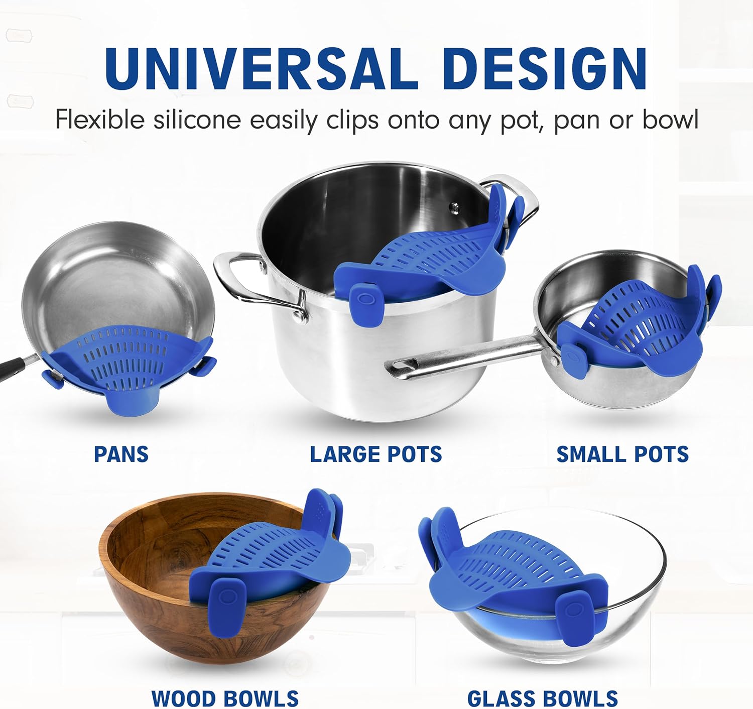 Blaue Silikon-Abseiher für Töpfe und Schüsseln, flexibel, universelles Design.