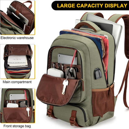 Stöldsäker canvas laptop- och resryggsäck med USB-anslutning – Passar för laptops upp till 43,94 cm