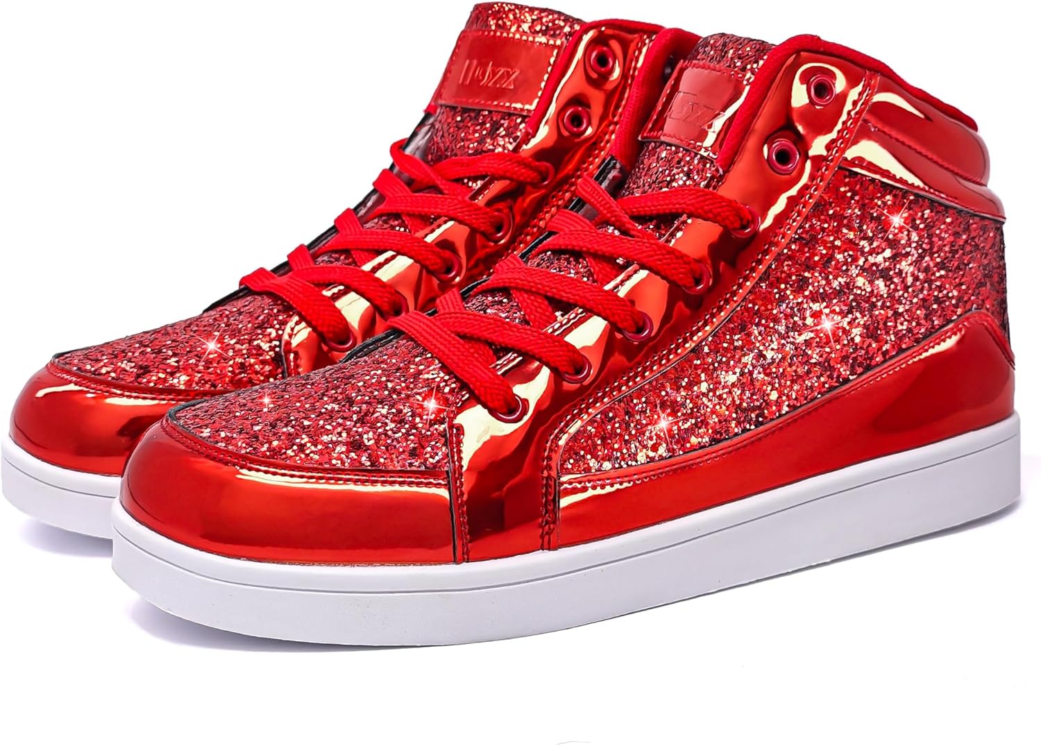 Rote glitzernde High-Top-Sneaker mit weißen Sohlen, modische Schuhe für Damen und Herren.