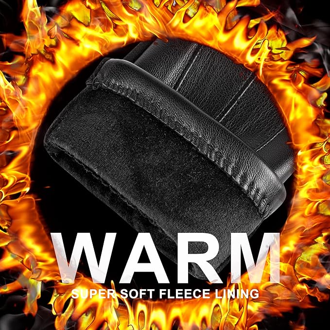 Schwarzer Lederhandschuh mit weichem Fleecefutter, warm, feuerumrahmt, Winterbekleidung.
