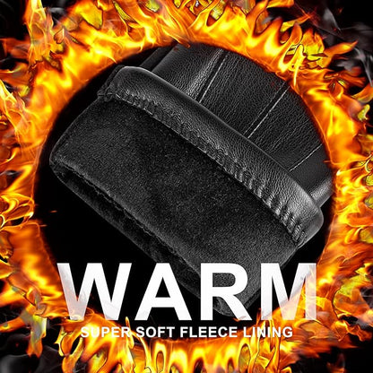 Schwarzer Lederhandschuh mit weichem Fleecefutter, warm, feuerumrahmt, Winterbekleidung.