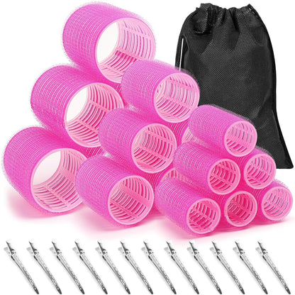 Rosa Lockenwickler Set mit Clips und schwarzem Aufbewahrungsbeutel für Haarstyling.