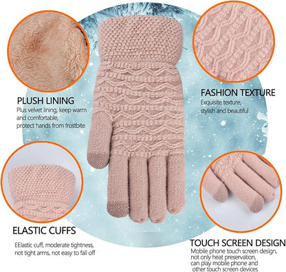 Damenhandschuhe beige, Strick, Touchscreen-fähig, warmes Plüschfutter, modisches Design.