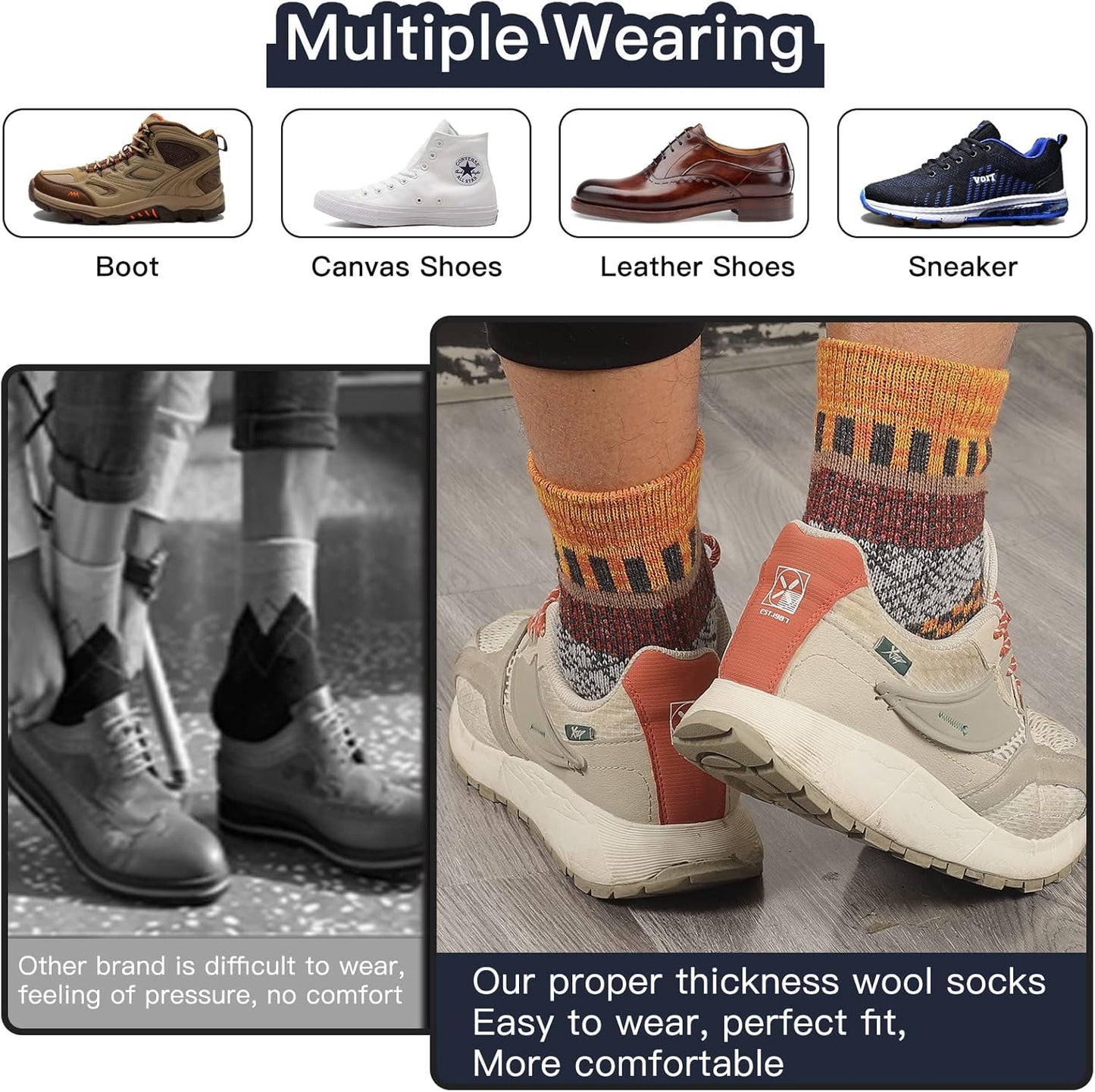 Beige Wanderschuhe mit orangefarbenen Akzenten, getragen mit bunten Wollsocken, bequemes Design.