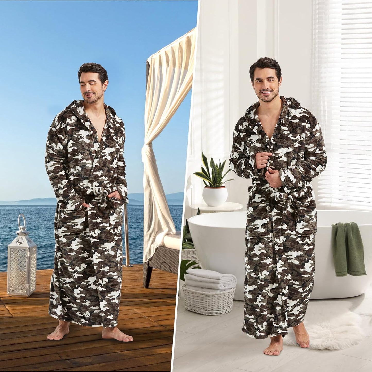 Männer Bademantel Camouflage Muster, Fleece, Kapuze, Gürtel, gemütlich, warm, für Zuhause.