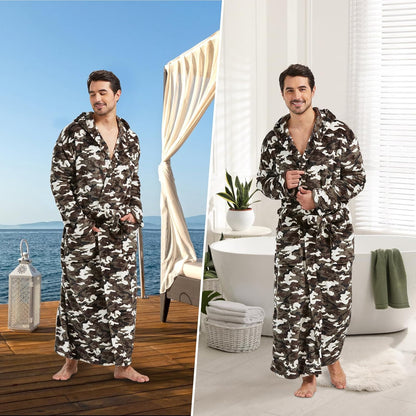 Männer Bademantel Camouflage Muster, Fleece, Kapuze, Gürtel, gemütlich, warm, für Zuhause.