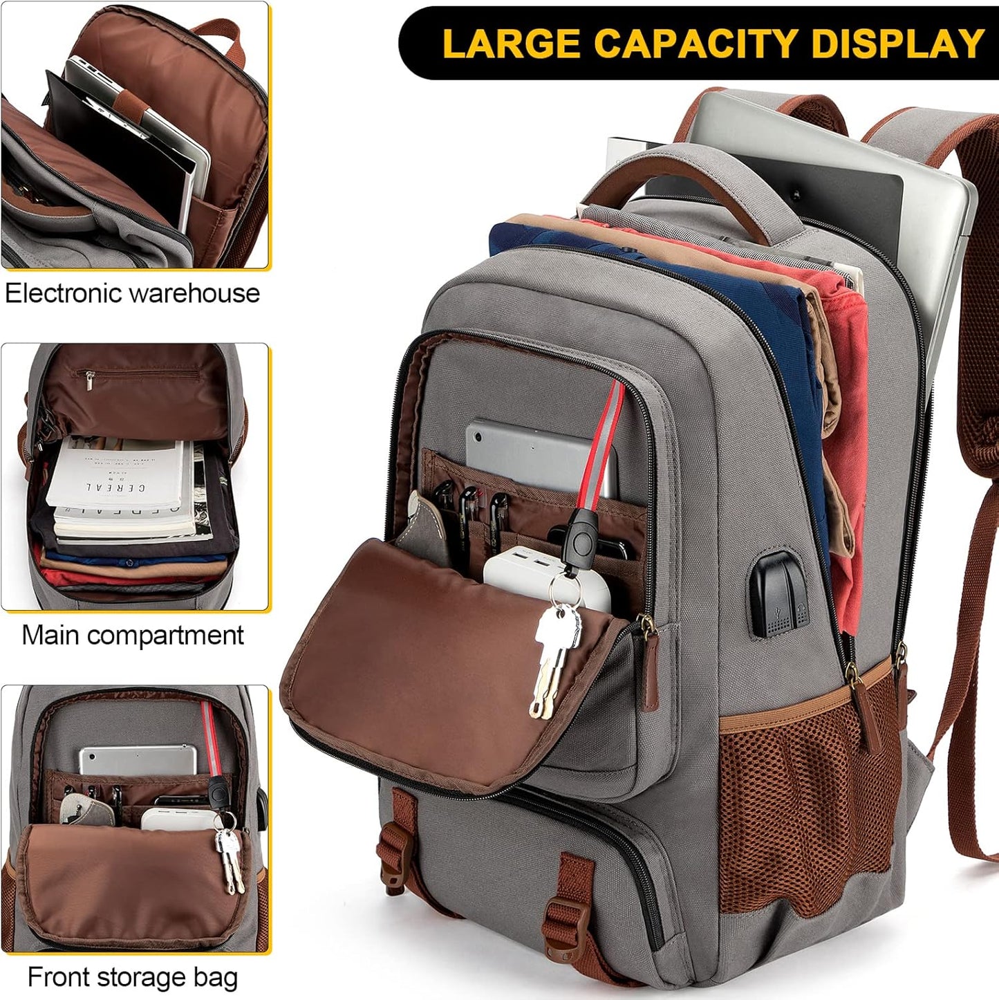 Stöldsäker canvas laptop- och resryggsäck med USB-anslutning – Passar för laptops upp till 43,94 cm