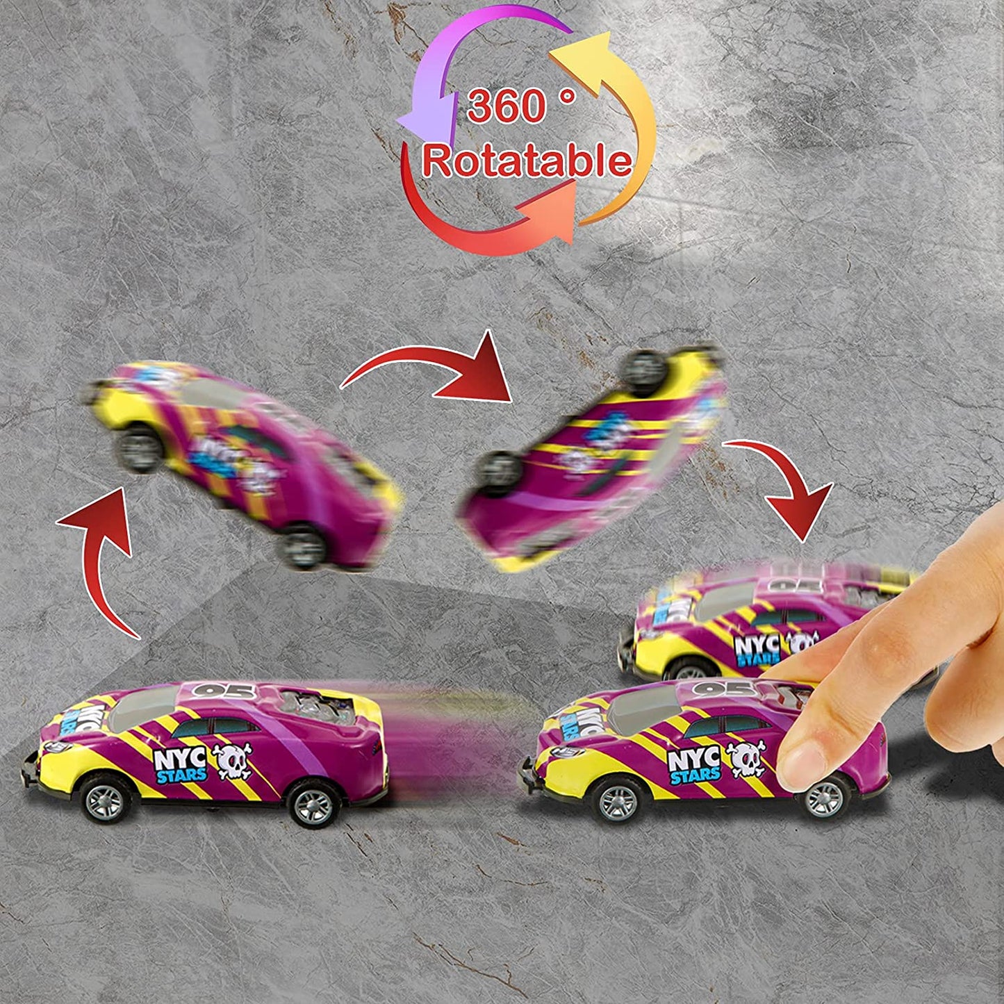 Lila-gelbes Spielzeugauto, 360° drehbar, Kinderauto, NYC Stars Design, auf grauem Hintergrund.