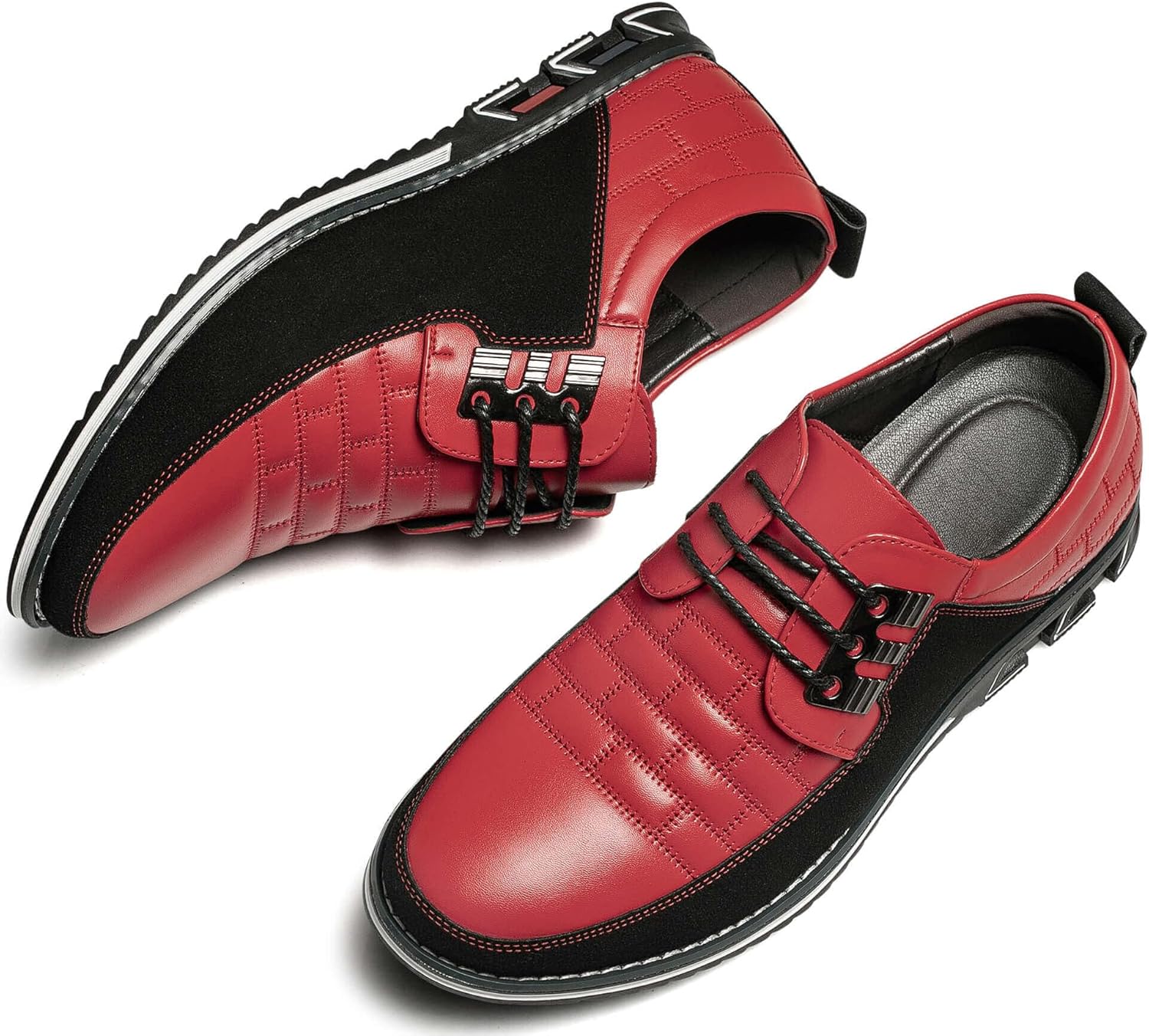 Rote Herrenschuhe aus Leder, sportlich-elegant, mit schwarzen Details und Schnürung.