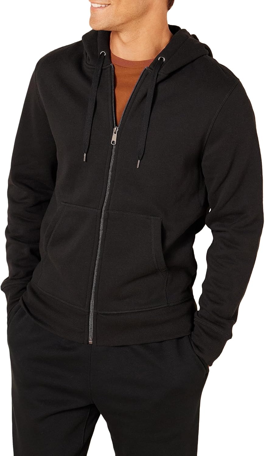 Schwarzer Kapuzenpullover mit Reißverschluss, Herrenmode, Baumwolle, lässig, bequem, Freizeitkleidung.