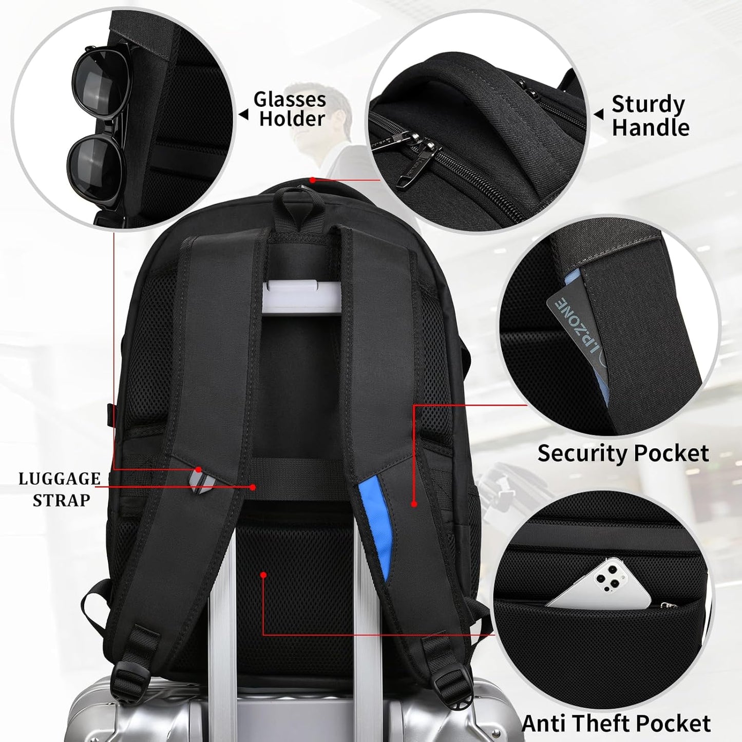 Vattentät reseryggsäck för laptop med USB-port och organiserad förvaring