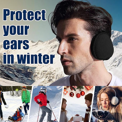 Mann mit schwarzen Ohrenschützern im Schnee, Wintermode, Ohrenschutz, Outdoor-Aktivitäten.