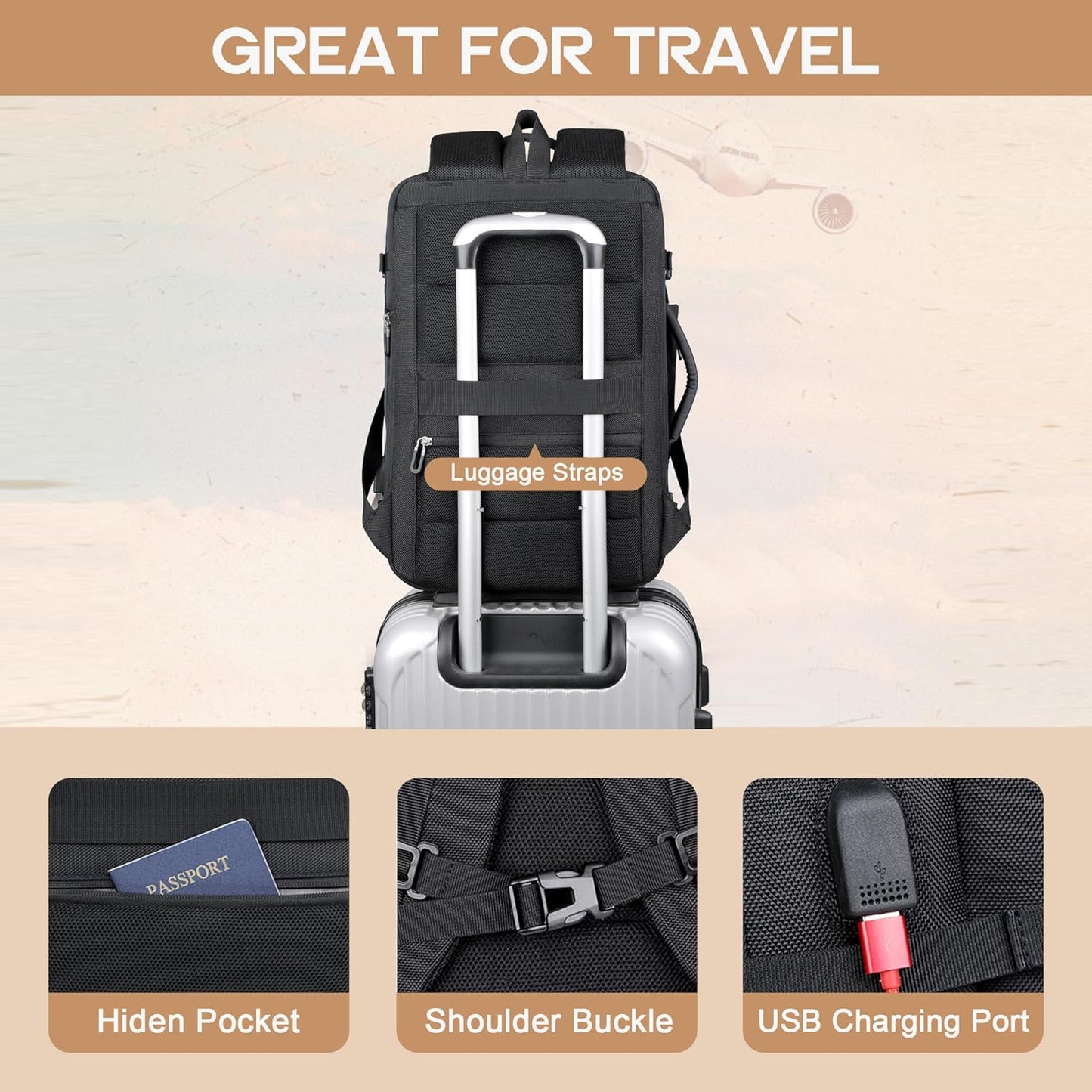 40 L expanderbar vattentät reseryggsäck med USB-port och 17-tums laptopfack – AirVoyage