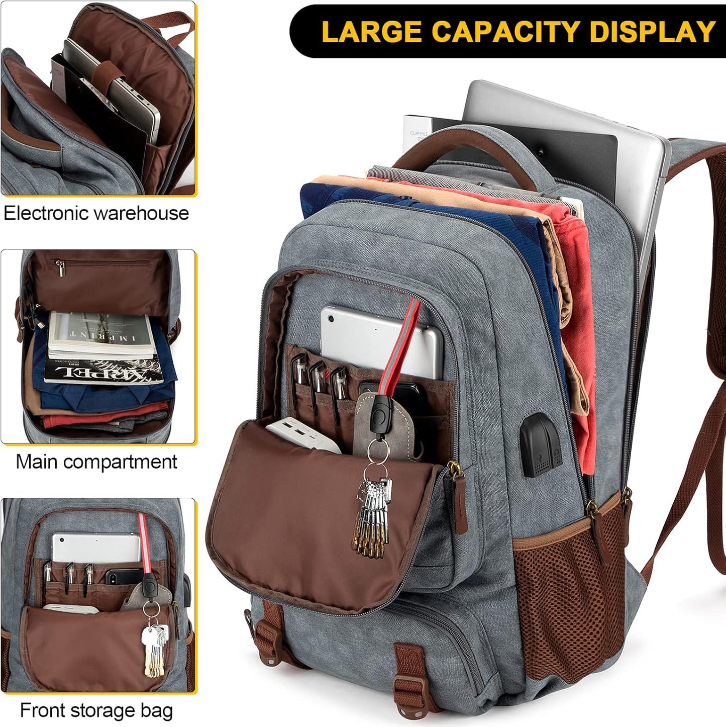Stöldsäker canvas laptop- och resryggsäck med USB-anslutning – Passar för laptops upp till 43,94 cm
