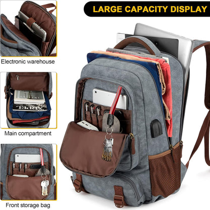 Stöldsäker canvas laptop- och resryggsäck med USB-anslutning – Passar för laptops upp till 43,94 cm