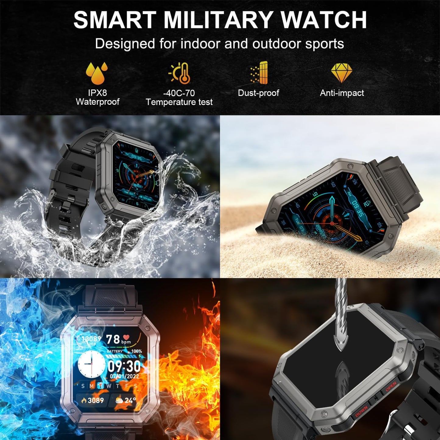 Robuste Smartwatch für Outdoor-Sport, wasserdicht, stoßfest, IPX8, Temperaturbeständig.