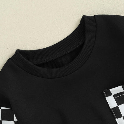 Schwarzes Sweatshirt mit karierten Ärmeln, Baumwolle, modisch, bequem, Unisex.