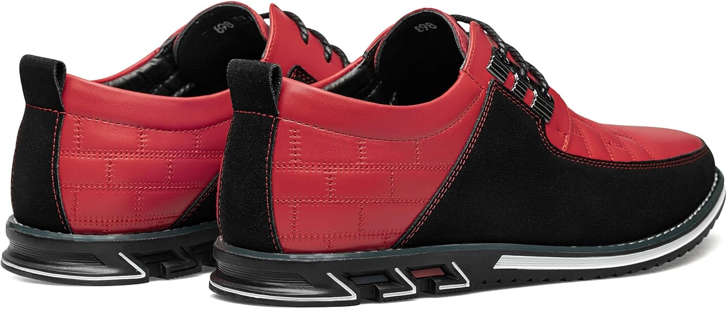Rote Herrenschuhe aus Leder und Wildleder, sportlich, modern, mit schwarzer Sohle.