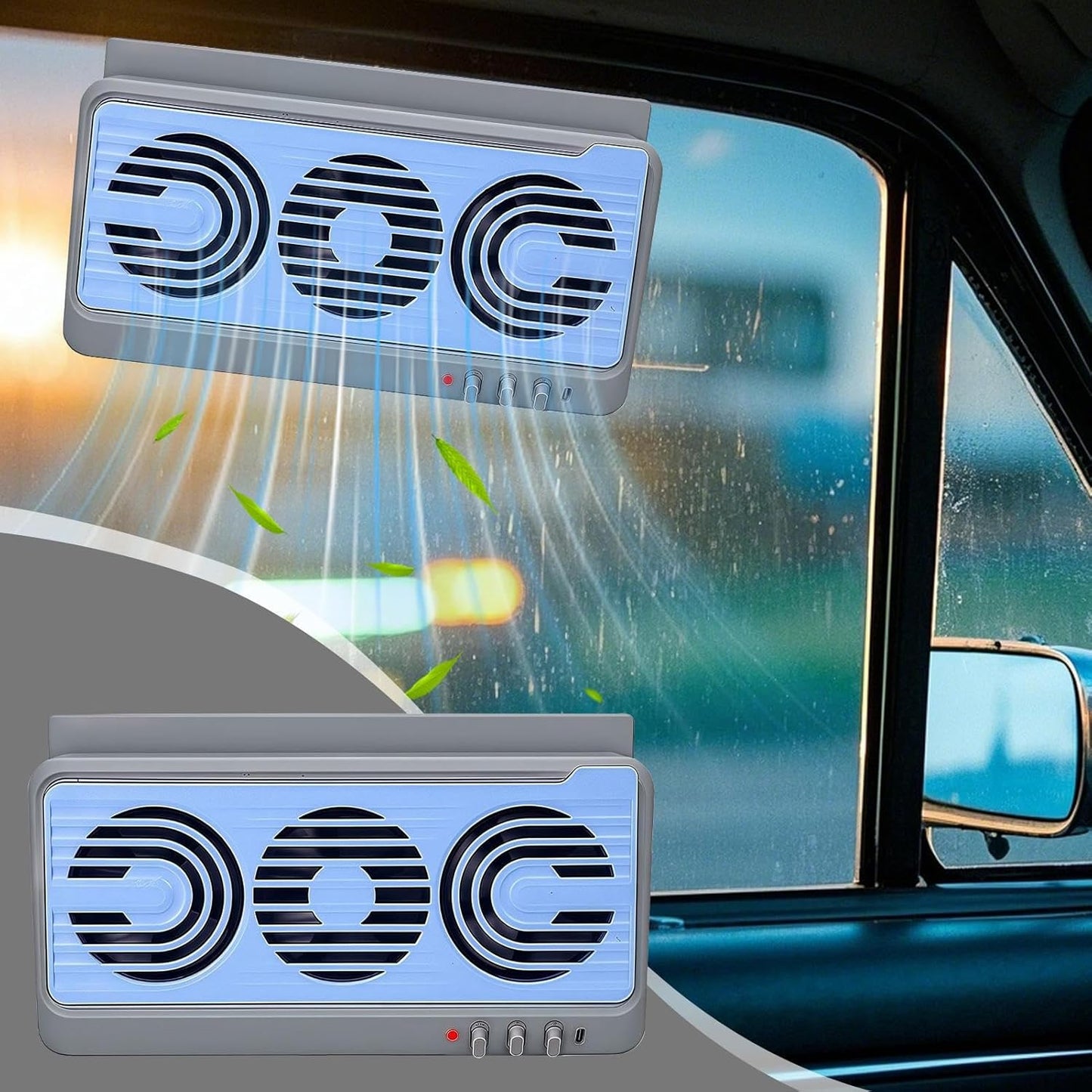 Solcellsdriven bilfönsterfläkt – dubbelkanalig ventilation, utsug och kylningstillbehör – Aurovent