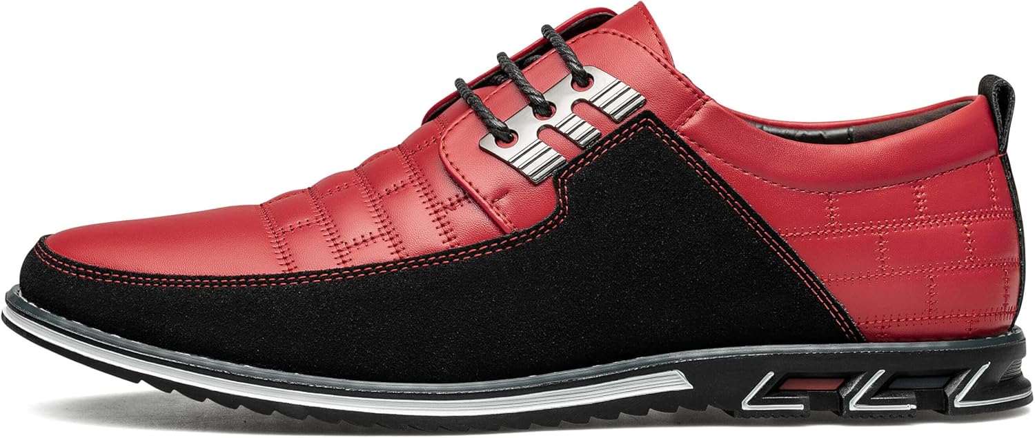 Roter und schwarzer Herren-Ledersneaker, sportlich, modern, mit Metallakzenten.