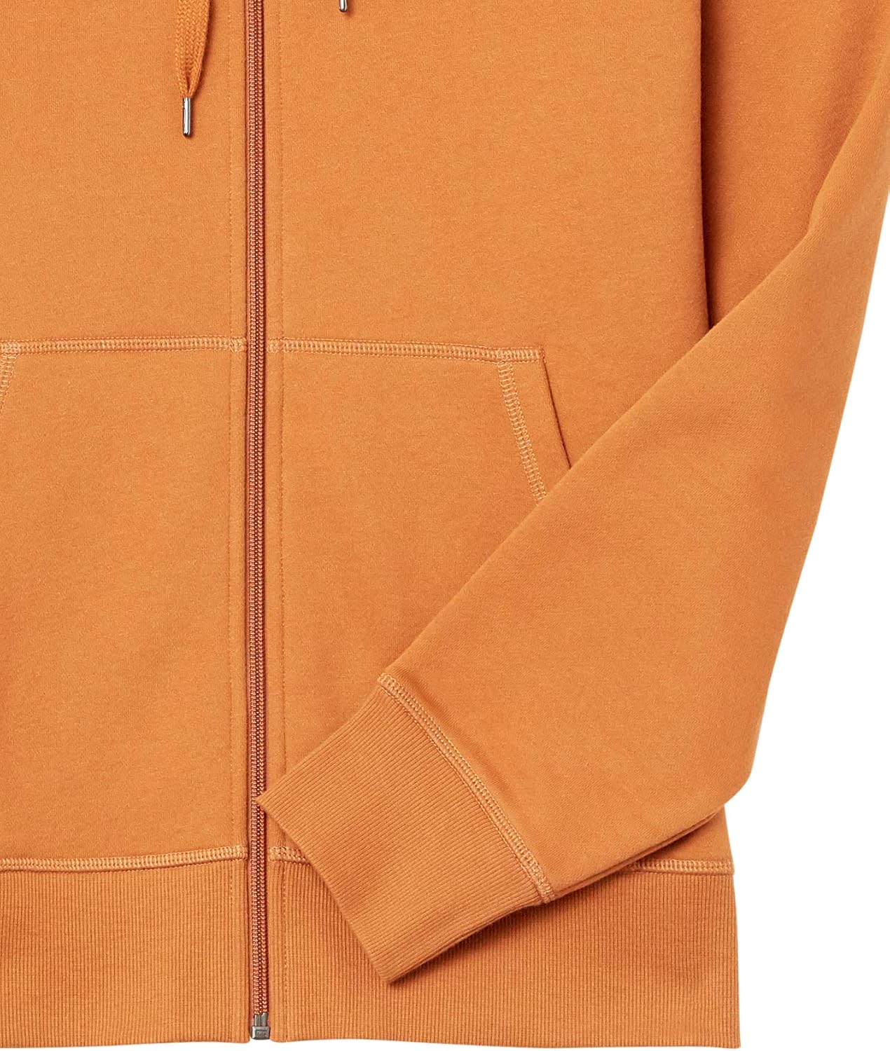 Orangefarbener Kapuzenpullover aus Baumwolle mit Reißverschluss und Kängurutaschen, Unisex-Design.