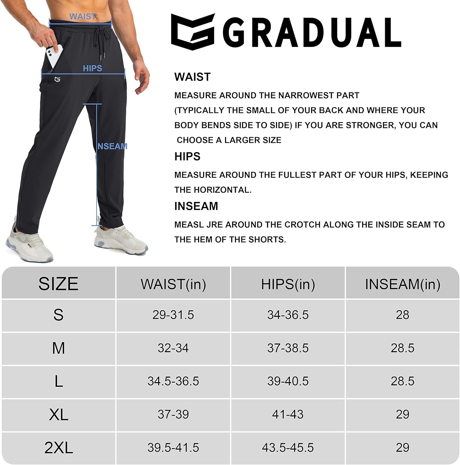 Schwarze Herren-Trainingshose, elastischer Bund, atmungsaktiv, Größenübersicht, G Gradual.