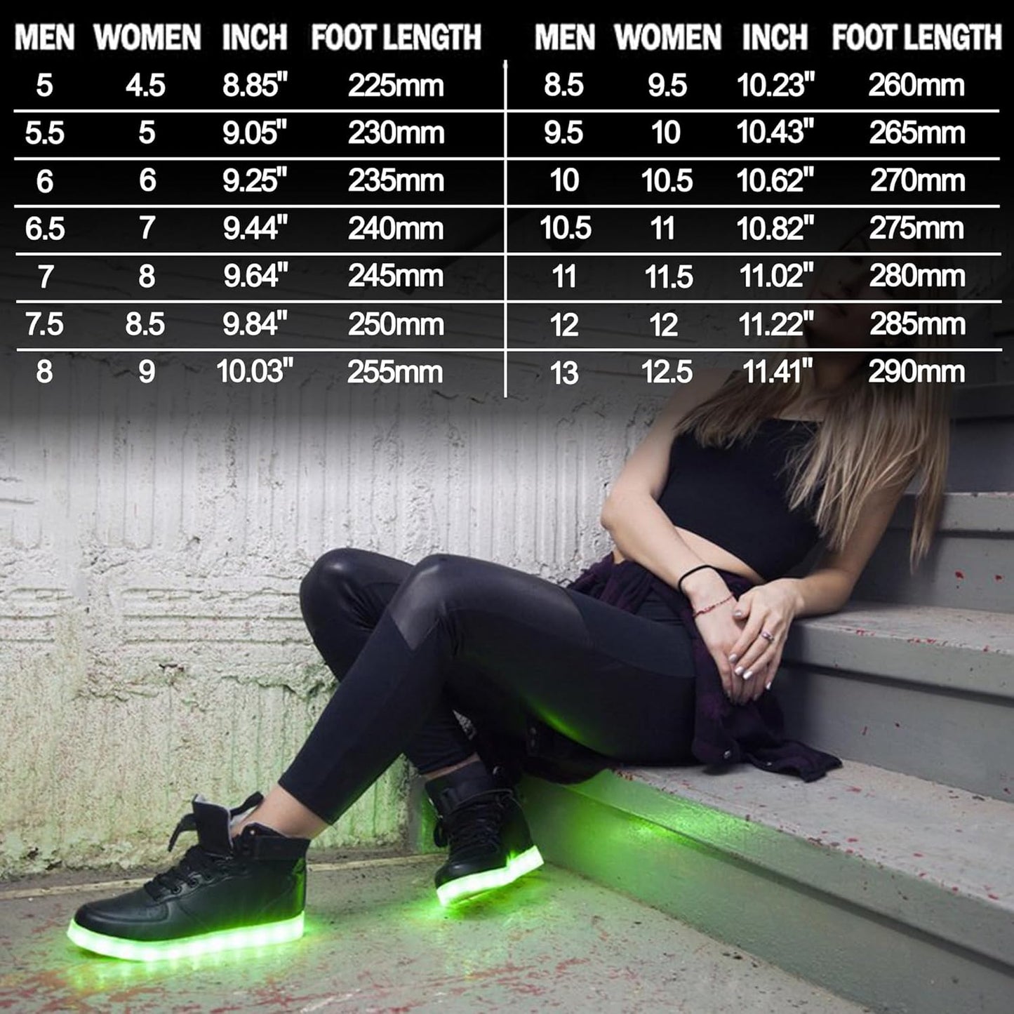 Frau mit leuchtenden LED-Sneakern, schwarze Lederhose, Größentabelle im Hintergrund.
