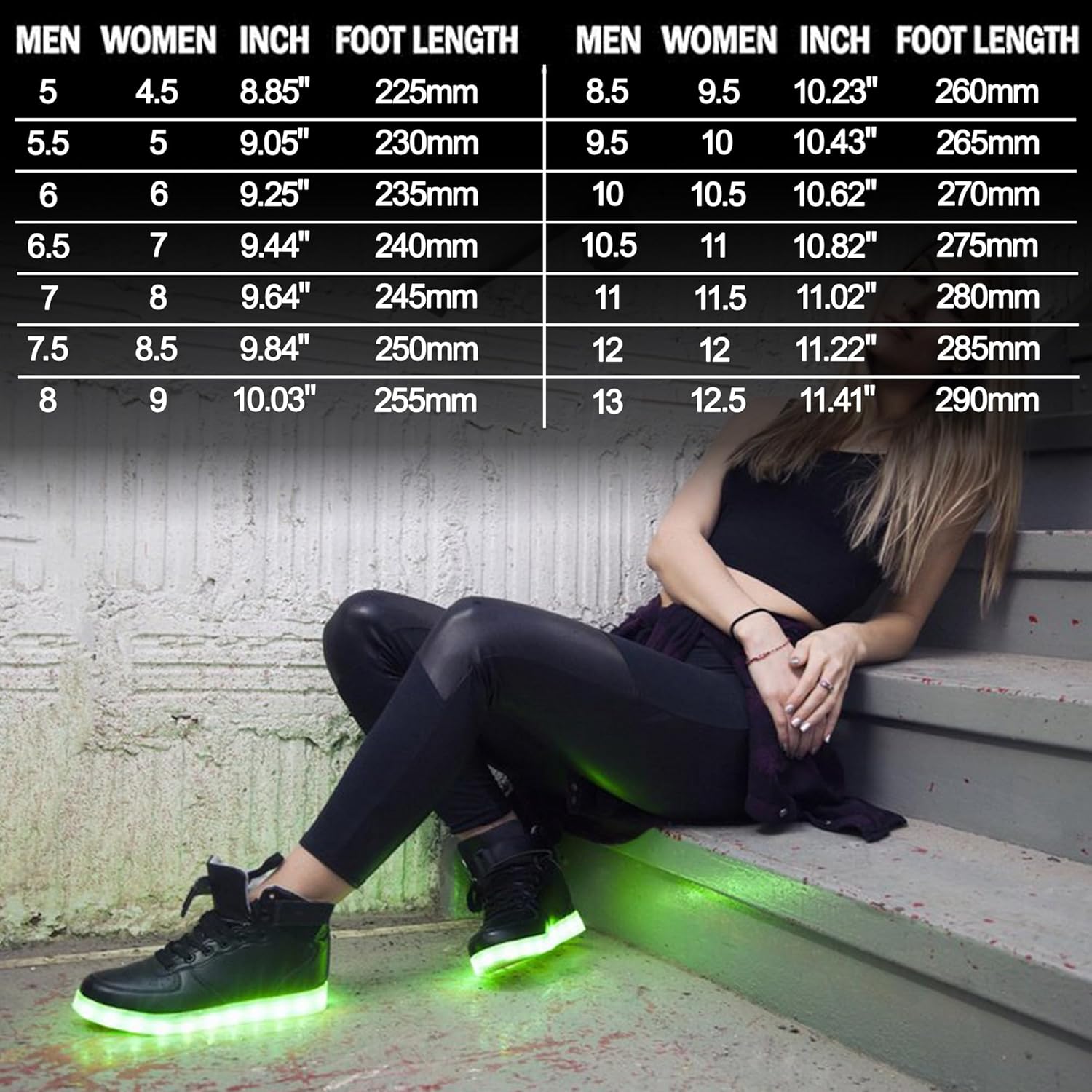 Frau mit leuchtenden LED-Sneakern, schwarze Lederhose, Größentabelle im Hintergrund.