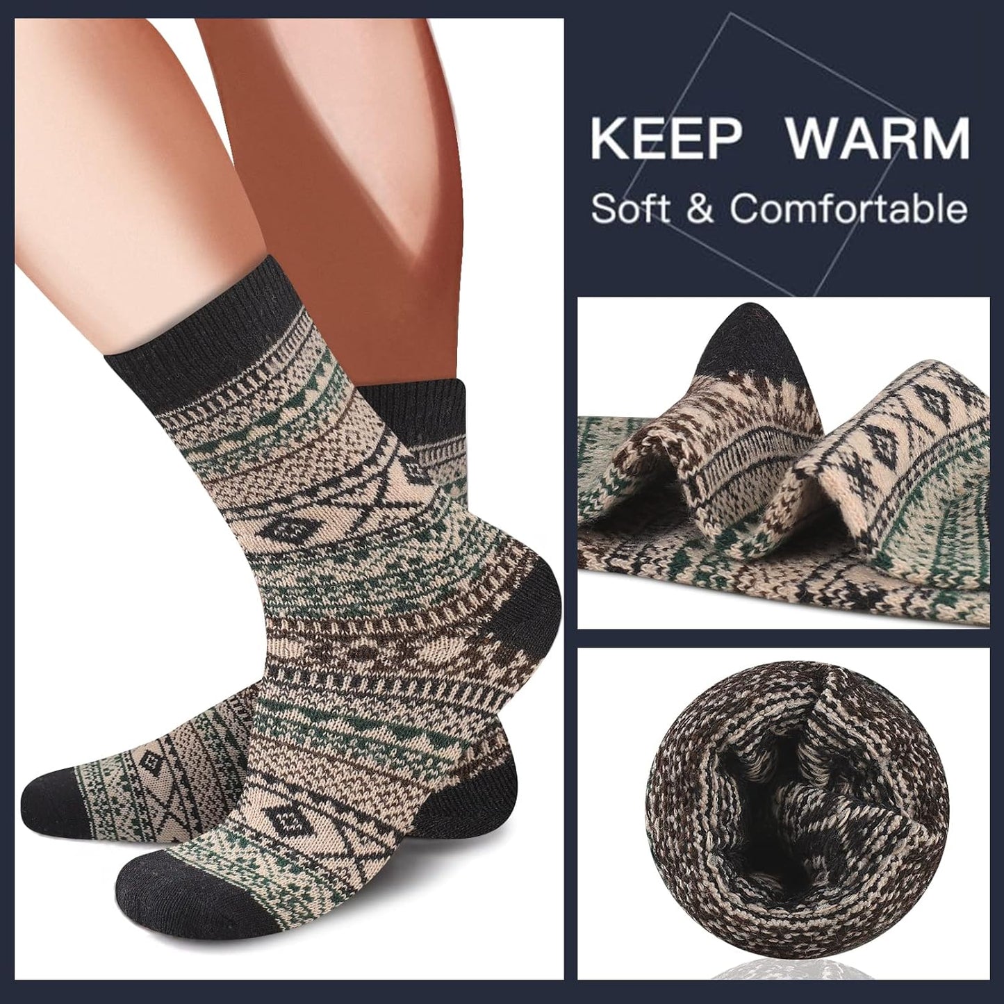 Warme Wollsocken mit nordischem Muster, beige und schwarz, weich und bequem, für kalte Tage.