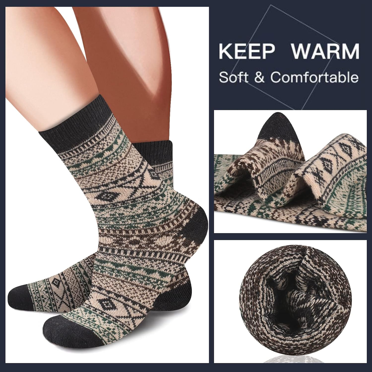Warme Wollsocken mit nordischem Muster, beige und schwarz, weich und bequem, für kalte Tage.