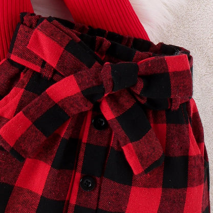 Rot-schwarz kariertes Kinderkleid mit Schleife, Knöpfen, Baumwolle, festlich, modisch.