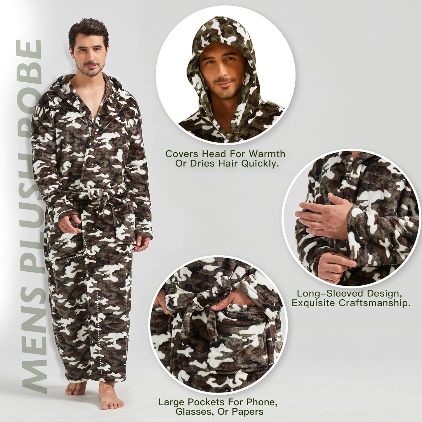 Herren Bademantel Camouflage, Kapuze, Plüsch, langärmelig, Taschen, warm, bequem.