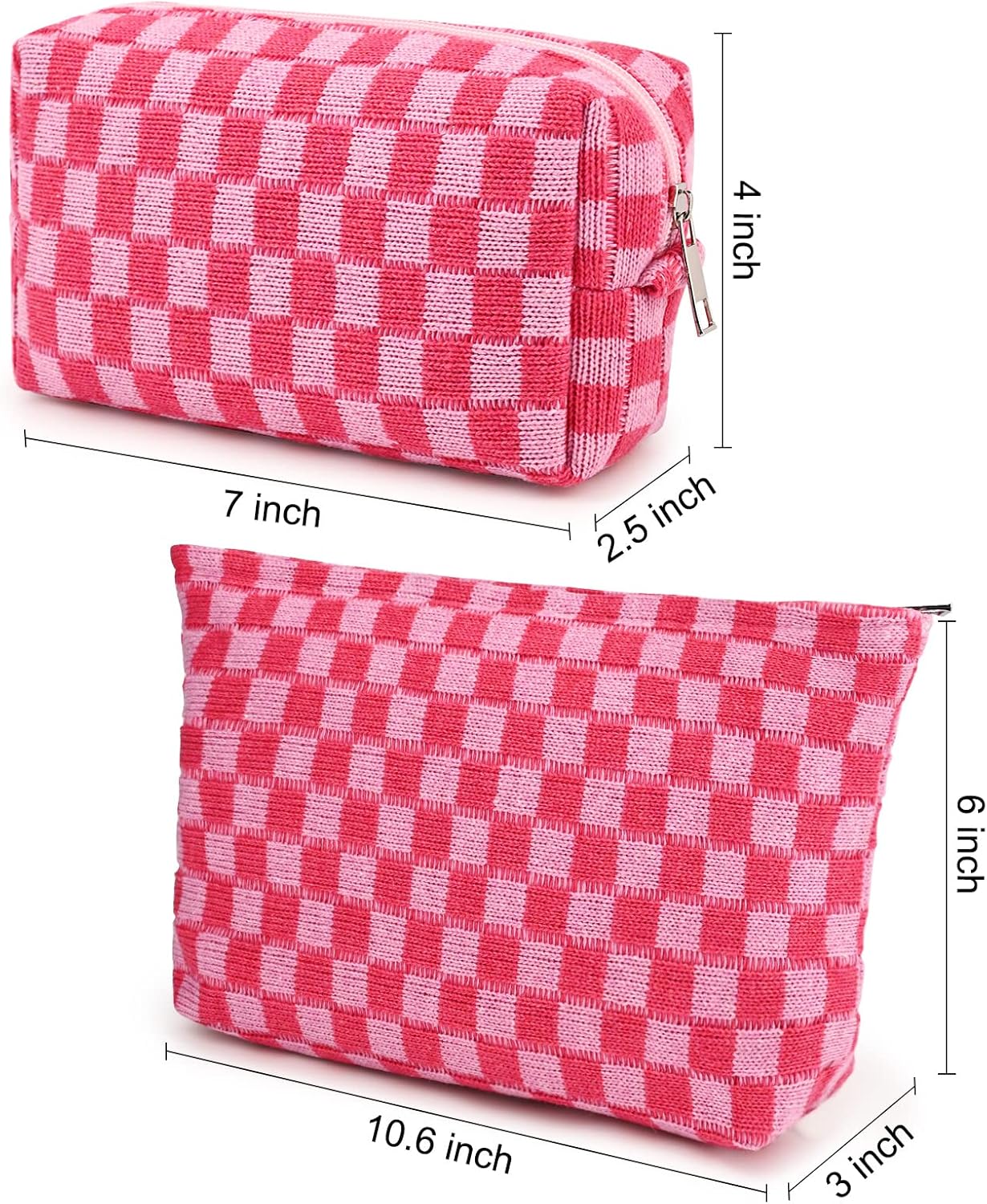 Rosa-weiß karierte Kosmetiktasche, Reißverschluss, Baumwolle, 7x4x2.5 Zoll, Reise-Organizer.