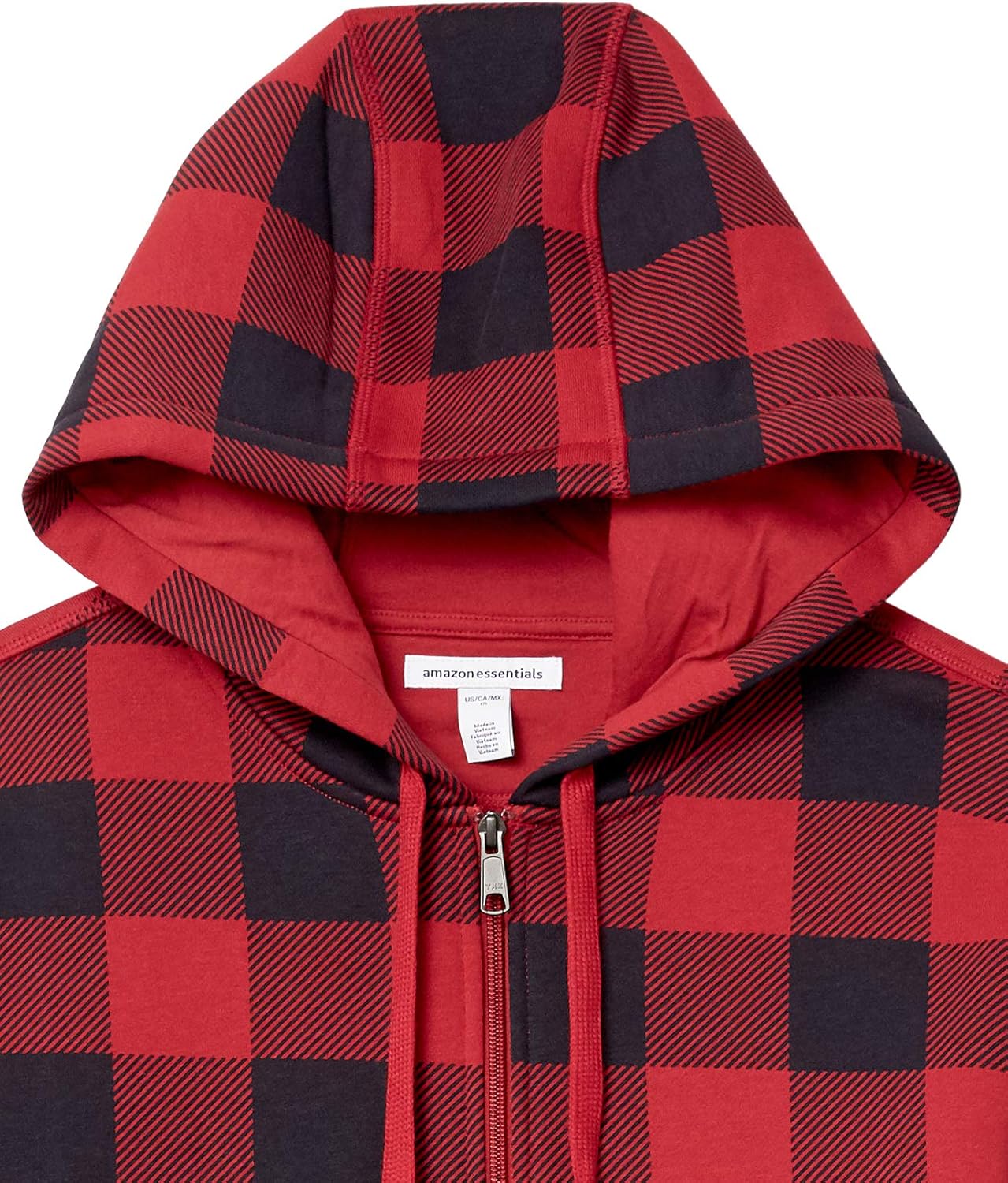 Roter kariertes Kapuzenpullover, Reißverschluss, Baumwolle, Herrenmode, Amazon Essentials.