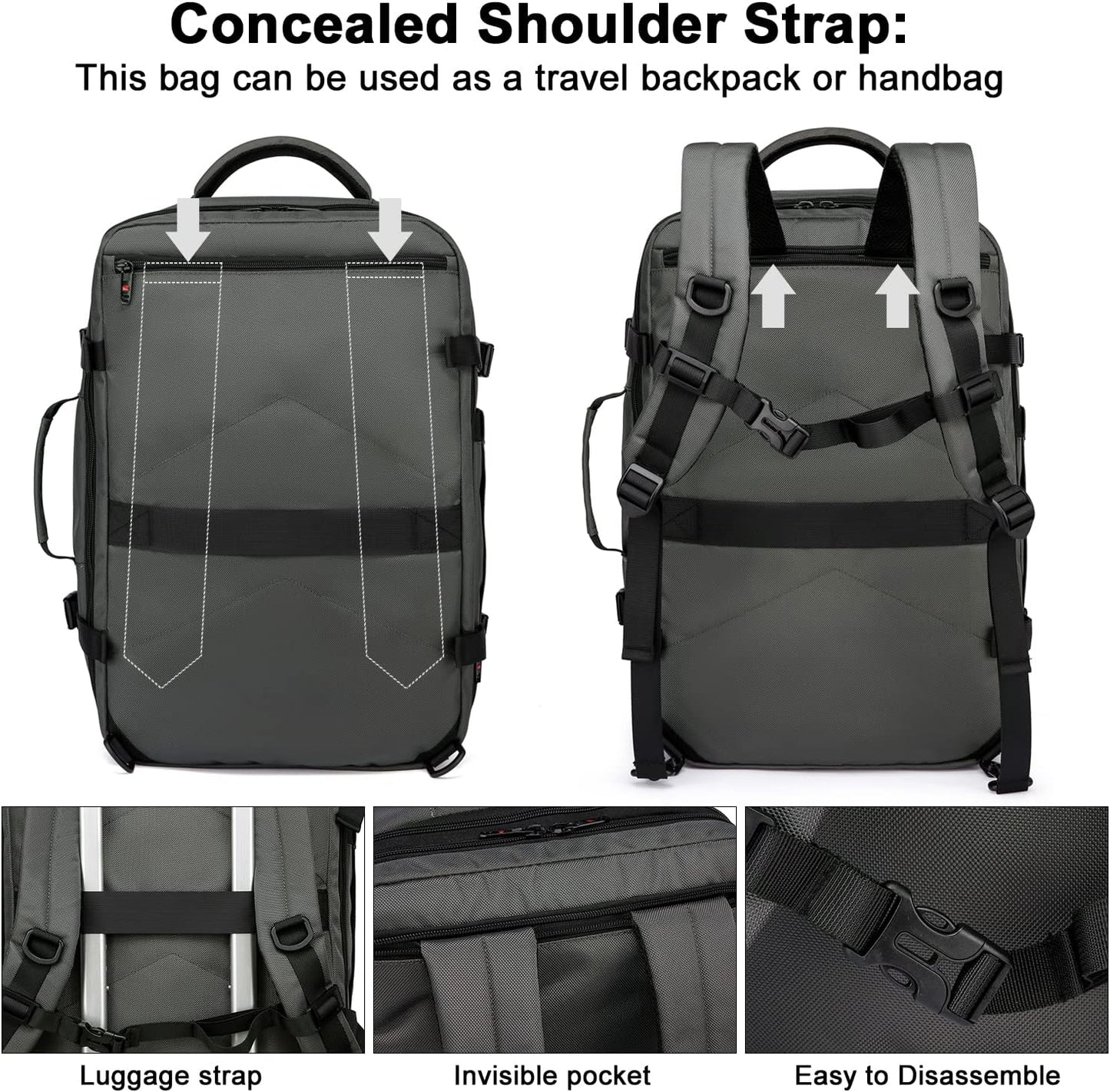 Expanderbar 45–55 l vattentät reseryggsäck med 46,5 cm laptopfack