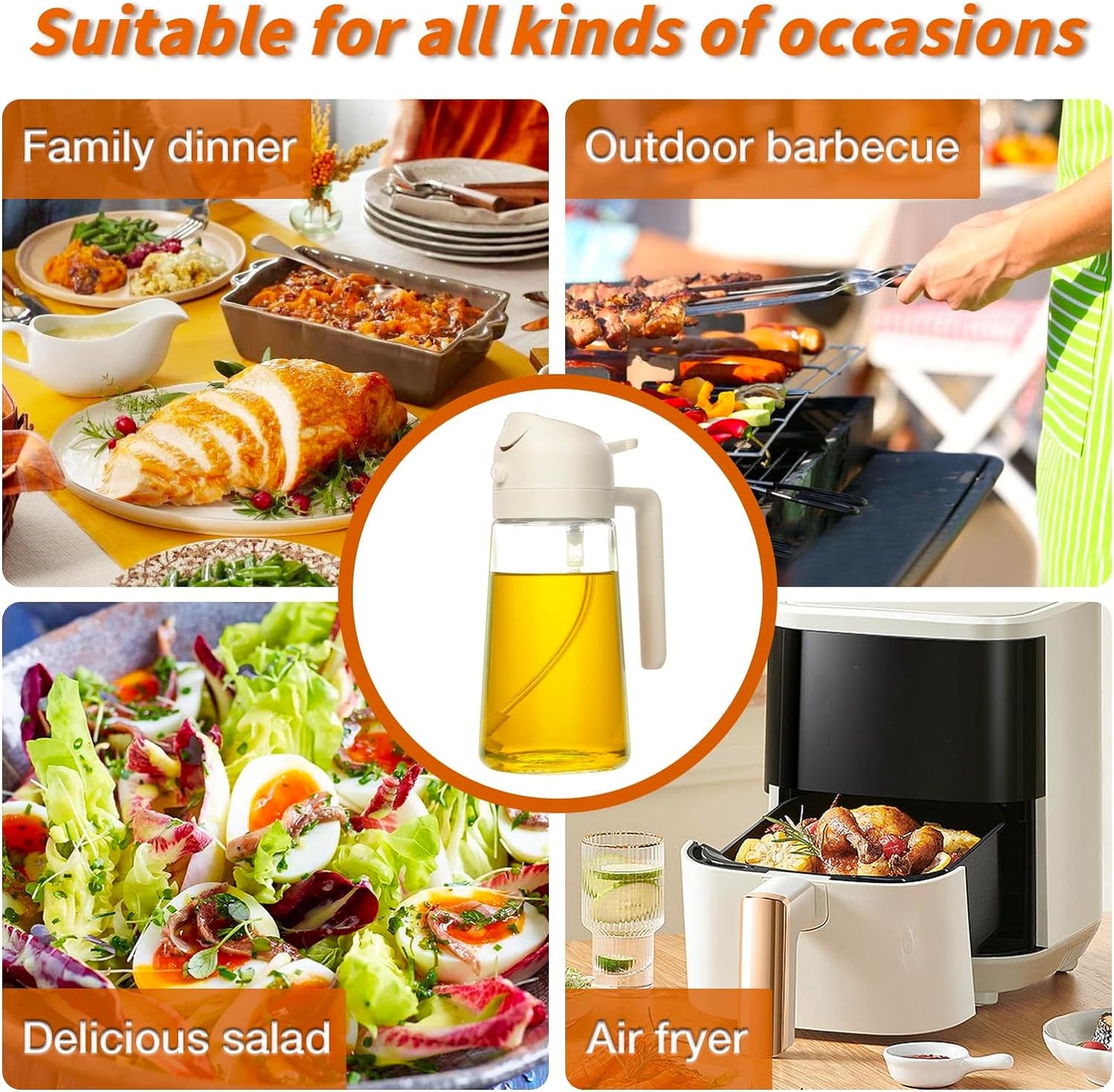 Ölspender aus Glas mit weißem Deckel, ideal für Kochen, Grillen, Salate, Luftfritteuse.