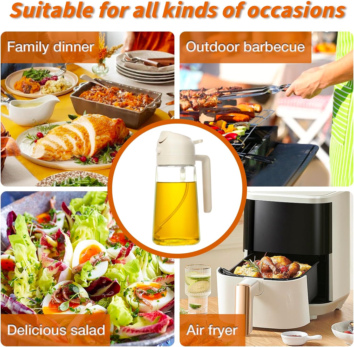 Ölspender aus Glas mit weißem Deckel, ideal für Kochen, Grillen, Salate, Luftfritteuse.