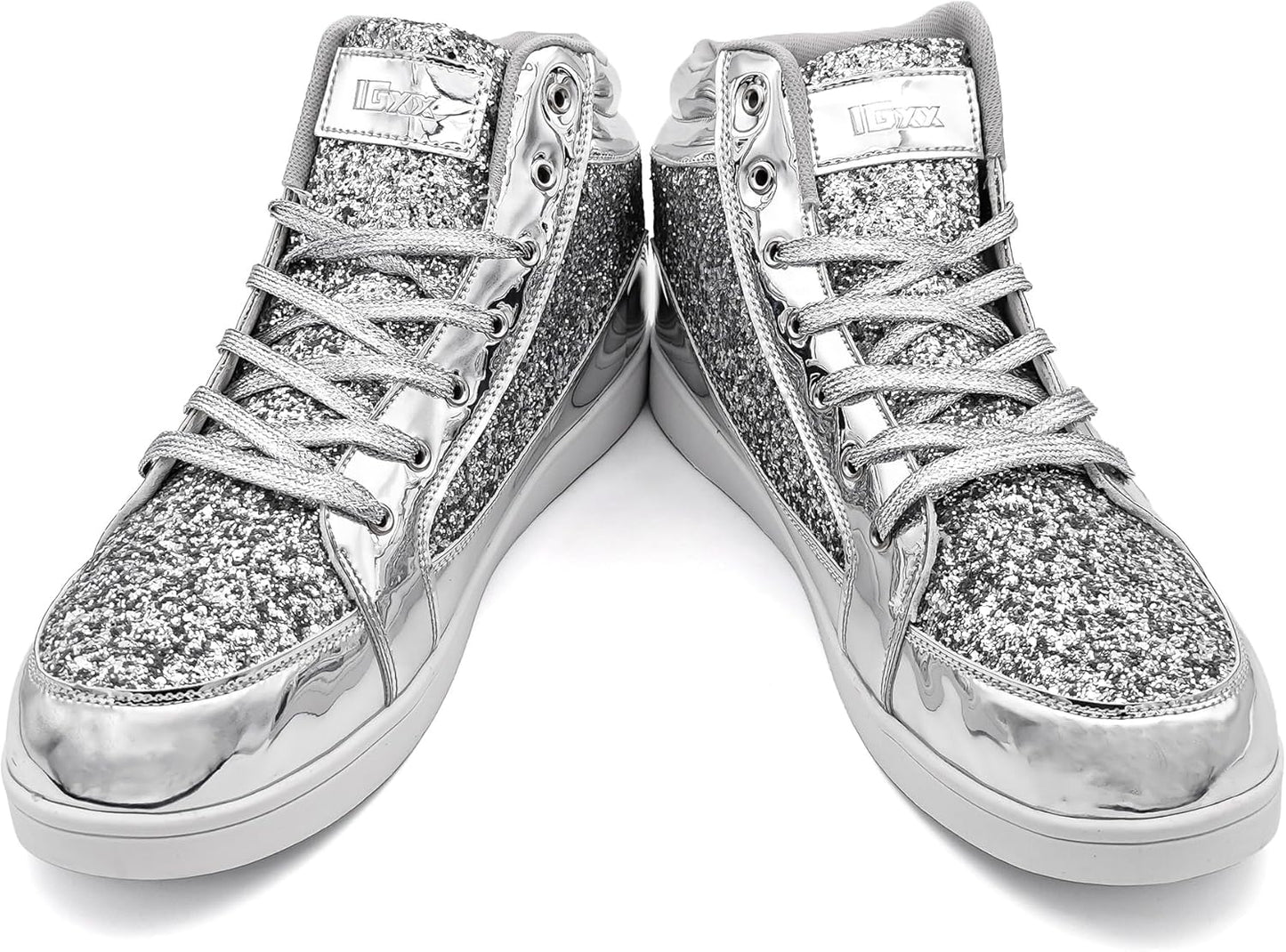 Silberne Glitzer-Sneaker, hohe Schuhe, modisch, glänzend, Damen, Freizeit, Schnürsenkel.